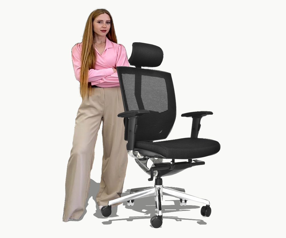 Sistema neumatico de elevación de altura mediante pistón a gas. Sistema de reclinación Syncro con 4 bloqueos. Respaldo de malla nylón negro con marco de polipropileno. Regulable en altura con 3 topes.